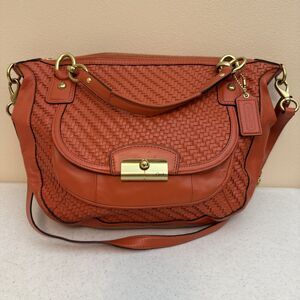 Coach F23048 Kristin Woven Orange Coral Leather Large Hobo Shoulder Bag Purse